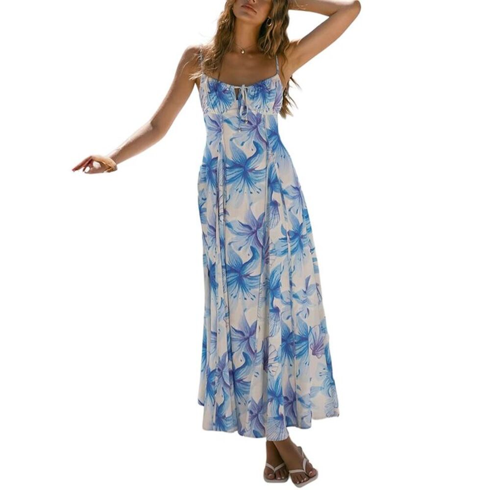Amina Glam Womens  Sleeveless Printed Linen-Blend Maxi Dress